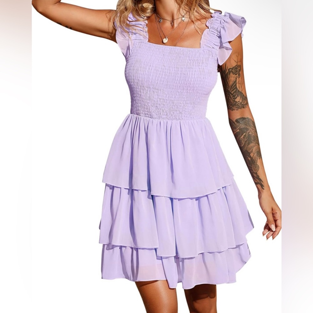 Purple Square Neck Ruffled Dress